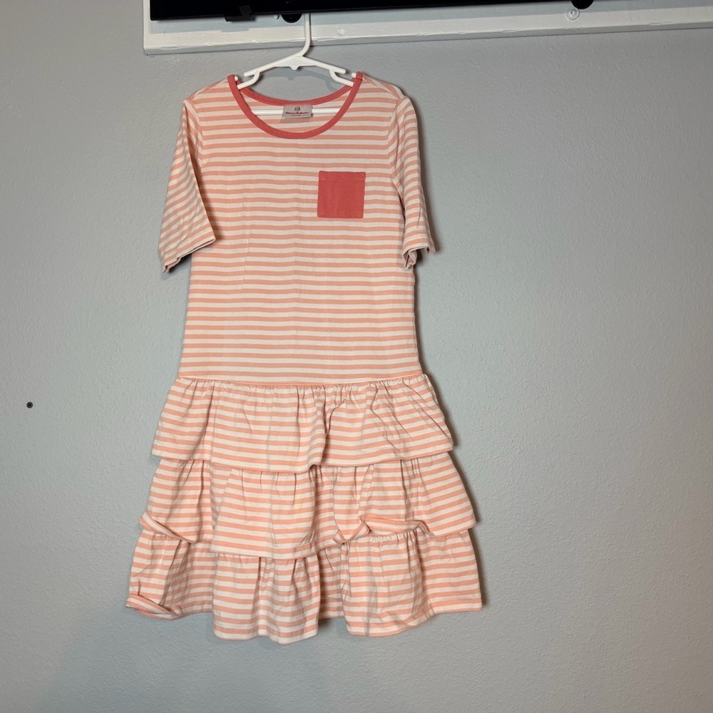 Hanna Andersson Girls Tiered Dress Size 140 or 10 Pink White Striped Ruffles